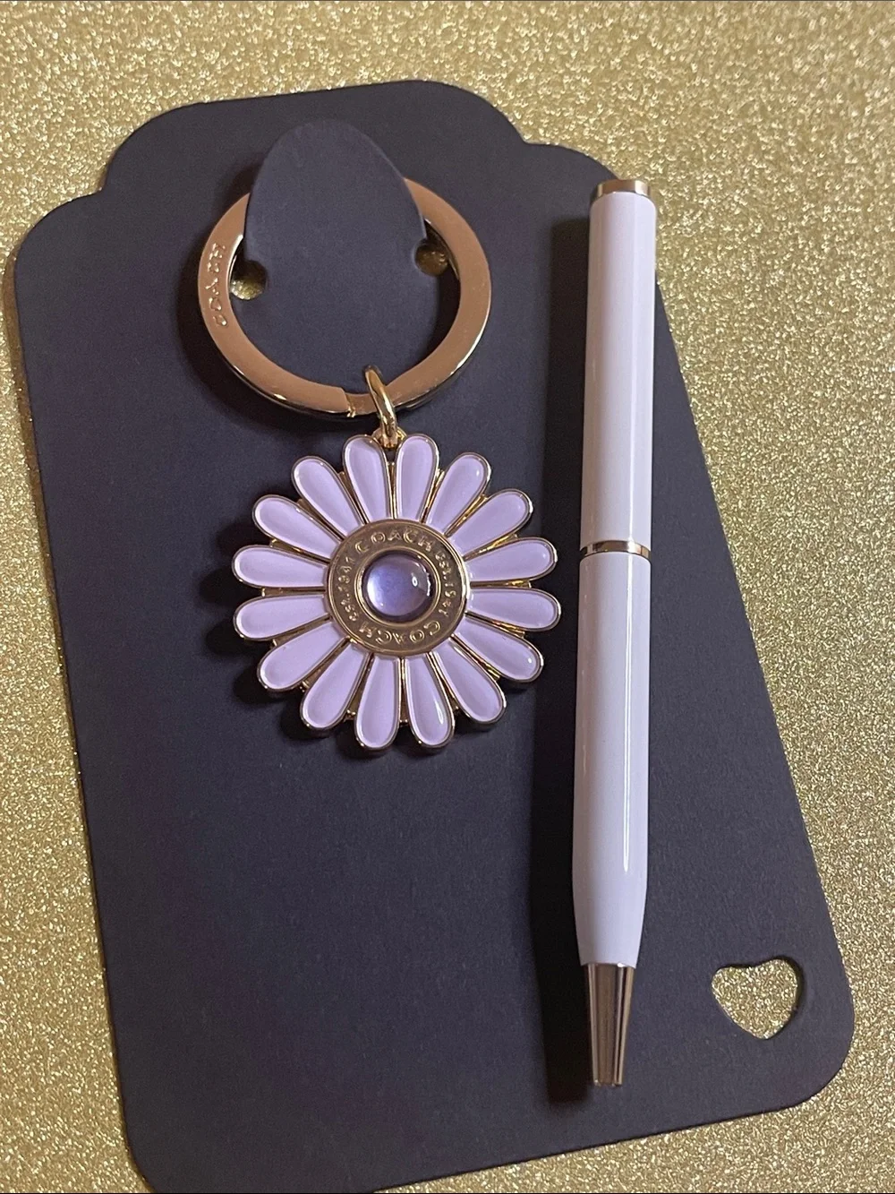 Coach Lavender Daisy Keyring with Gold-Tone Ring and Coach Pen